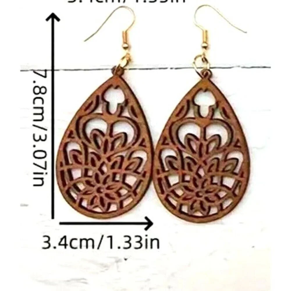 WOOD Cut Out Earrings Filagree Unique Artistic LIGHTWEIGHT Dangle Jewelry